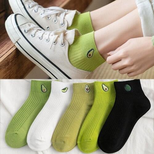 Green Wild Avocado Socks Ladies Embroidery Casual Socks Pure Cotton Breathable Cute Socks Fashion Non-smelly Foot Socks