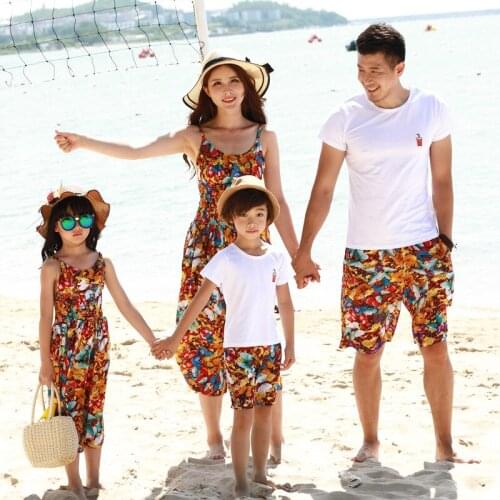 Mom Daughter Bohemian Floral Sling Dress and Shawl Set Dad Son White T-shirt and Floral Wide Leg Shorts Set Family Beach Outfits