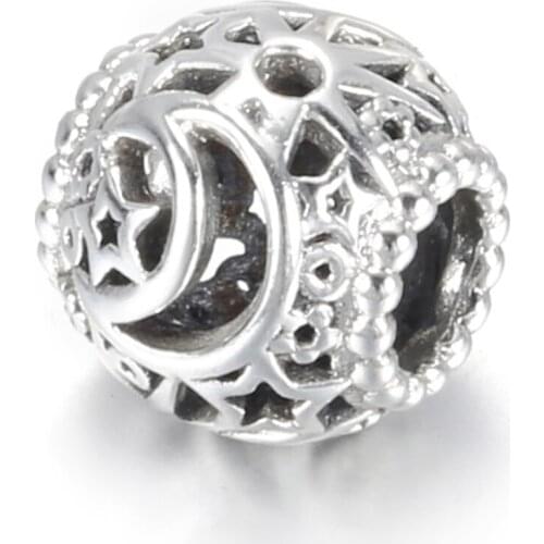 Authentic S925 Bead Openwork Sun & Moon Charms fit Lady Bracelet Bangle DIY Jewelry