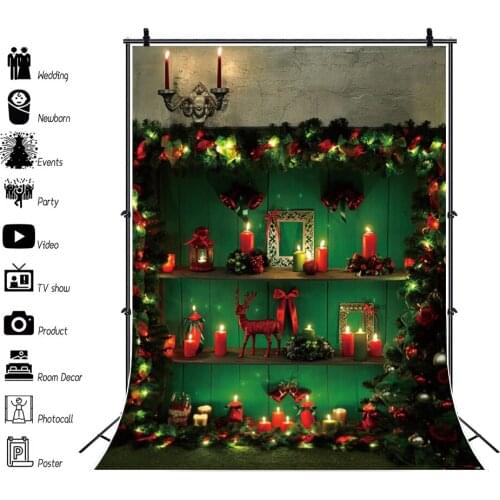 Laeacco Christmas Backdrop Green Pine Wreath Candle Vintage Lantern Wooden Boards Background Child Portrait Photography Poster