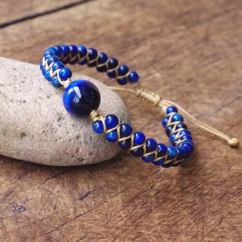 Handmade Natural Blue Tiger Eye Stone Beads Charm Bracelet String Braided Yoga Warp Bracelet Bangle Women Men Jewelry