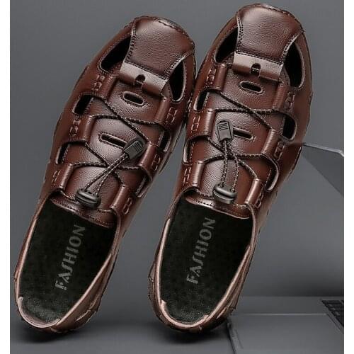 2021Men Sandals Summer Casual Beach Flat Shoes Non Slip Luxury Genuine Leather Breathable Rubber Sandals Men Outoor Sandals