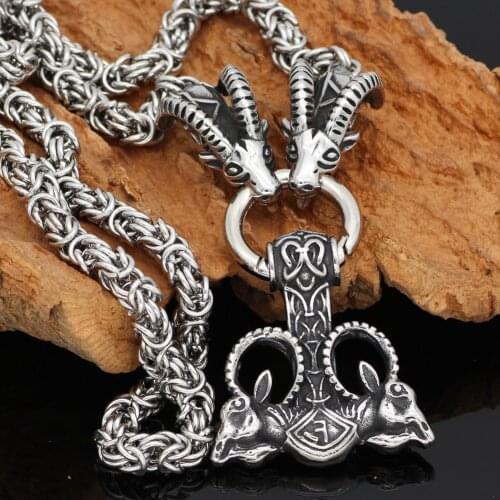 Nordic Thor goat with hammer Mjolnir rune amulet pendant necklace -king chain stainless steel with Valknut gift bag