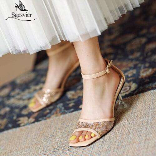 Sgesvier Hot Lace Leisure Women Thin Heeled Women Shoes 2021 Summer Sandals Party Platform High Heels Buckle Shoes Woman Beige
