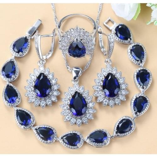 Wedding-Engagement Jewelry Sets With Natural stone CZ Blue Silver Color Women Fashion Costume