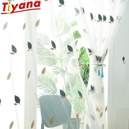 Blue/Pink Small Leaves Embroidery Tulle Curtains for Living Room Leaf Gauze for Kitchen Balcony X-ZH216#VT