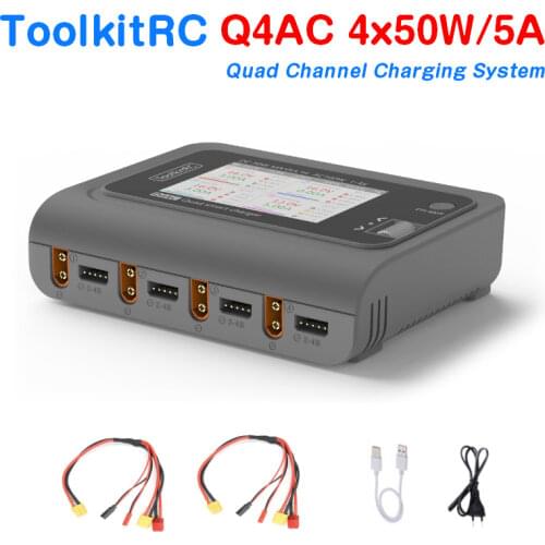 ToolkitRC M4Q 4x50W 5A AC 100W 4 Port DC XT60/XT30 Optional Smart Charge 32 Bit ARM IPS Bright Clear Wide Angle Display