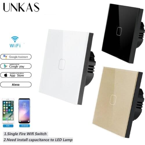 UNKAS EU Standard Work with Alexa Google Home Touch Switch Smart Home 220v Wall interruptor 1 Gang 1 Way wifi light switch