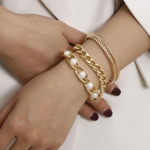 Vintage Creative Multilayer Simulated Pearl Thick Chain Bracelets for Women Punk Geometric Bracelet Lady Fashion Jewelry XR2768