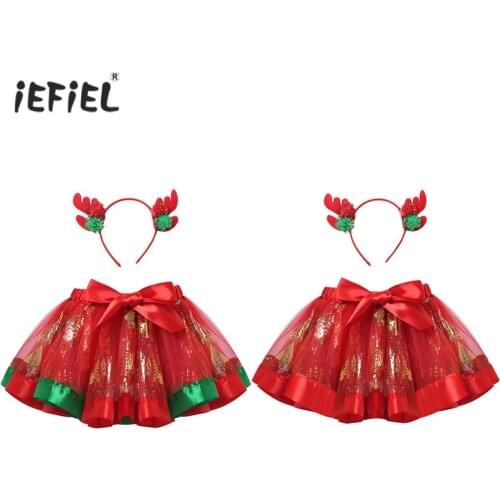 Girls Tutu Skirt Christmas Costume Kids Gilltering Christmas Tree Printed Mini Tulle Skirt With Antlers Pompom Hair Hoop Outfits