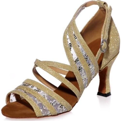 Sweeet lady latin dance shoes glitter with lace girls ballroom professional Salsa tango party dancing sandals 7.5cm heels lace