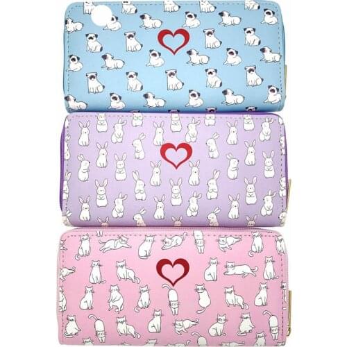 KANDRA Pave Bulldog Print Women Long Wallet Women PU Leather Heart Animal Cats Dog Print Cartoon Wallet Purse Coin Bag Wholesale