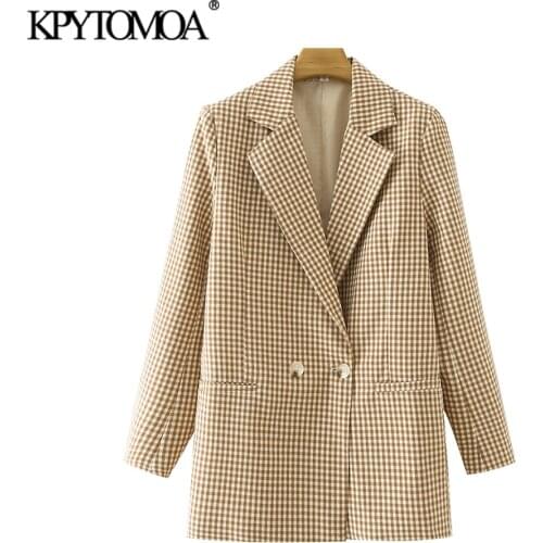 KPYTOMOA Women 2021 Fashion Double Breasted Plaid Blazer Coat Vintage Long Sleeve Back Vents Female Outerwear Chic Veste