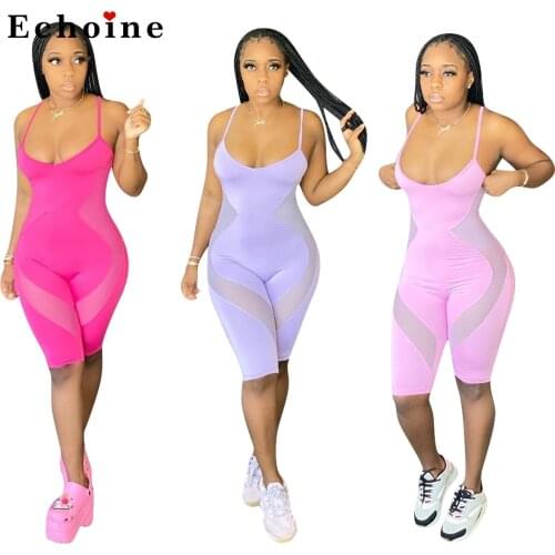 Womens Spaghetti Straps Backless Perspective Printed Jumpsuit Sexy Bodycon Playsuit Patchwork Woman Rompers Sports Overalls