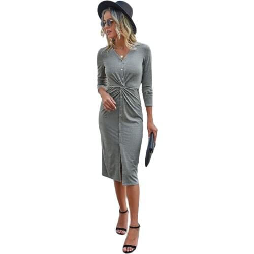 2021 New Spring Autumn Fashion Womens Deep V Neck Long Sleeves Solid Twist Front Bodycon Button Down Tunic Midi Dress