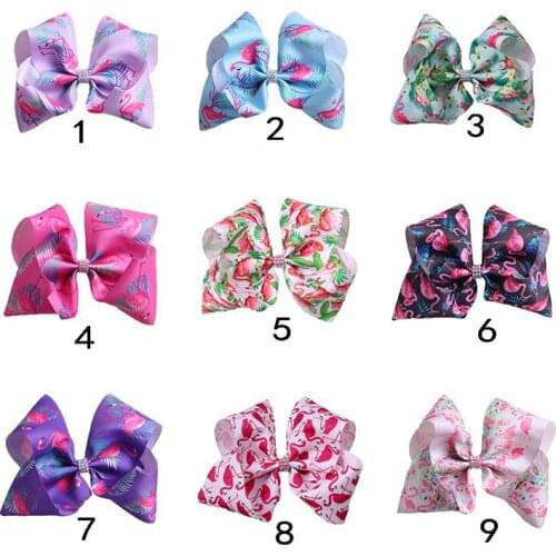 20pcs 8" Flamingo Hair Bows Clips with CZ Rhinestone center Large Printed Ribbon Bowknot Hairgrips Hair Accessories HD3518