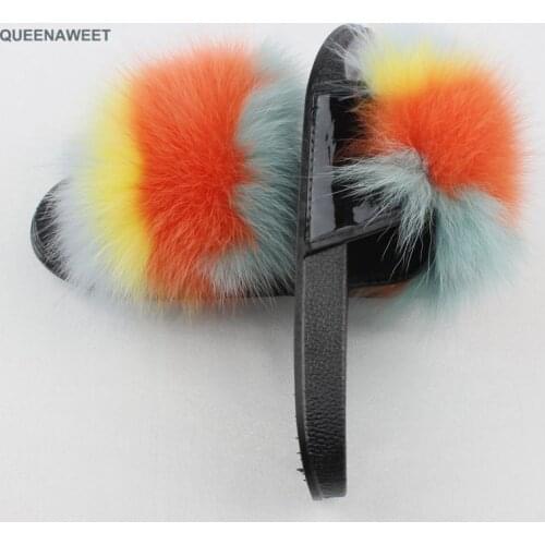 2020 Fluffy Slippers Real FOX Fur Slides Indoor Flip Flops Casual Shoes Woman Sandals Vogue Plush Shoes Wholesale