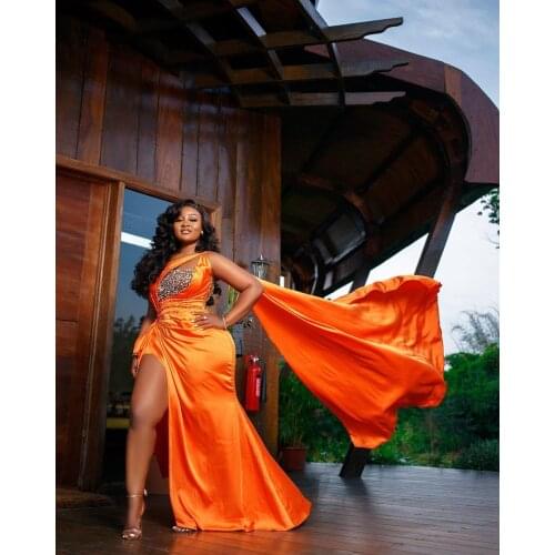 2021 Arabic Aso Ebi Orange Beaded Crystals Evening Dresses High Split Prom Dresses One Shoulder Formal Party Second Reception Go