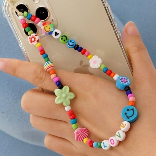 2021 Ins Trendy Smiley Shell Mobile Phone Chain Bohemia Colorful Beaded Chain Phone Case Anti-Lost Lanyard Women Jewelry Gift