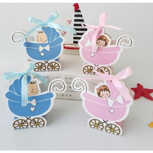 50pcs Pink Girl Blue Boy Paper Baby Carriage Candy Box Kids Favor And Gift Box Baby Shower Birthday Party Decoration Supplies