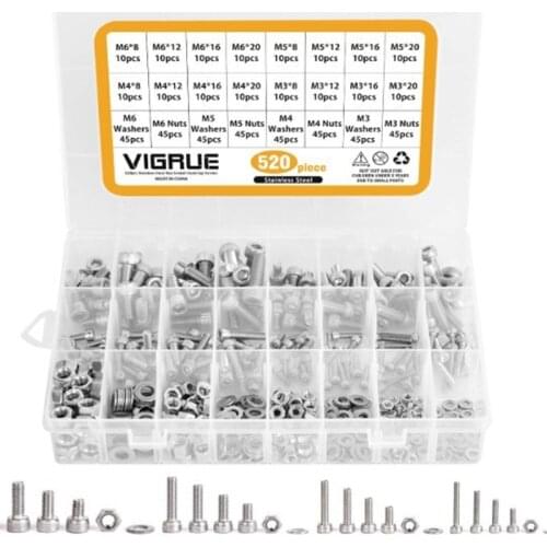 520pcs M3 M4 M5 M6 Socket Head Screw Cup Head Bolt 304 Stainless Steel Hex Socket Screw Set Bolts and Nuts Assortment Kit Set