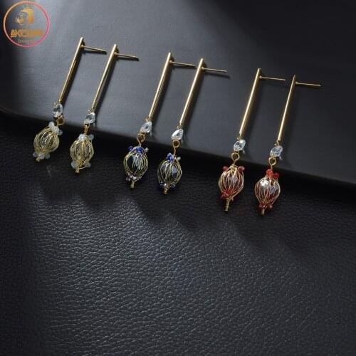 Akizoom New 14K Gold Colorful Zircon Crystal Earrings Stainless Steel Stud Lantern Shape Earrings for Women Fashion Jewelry Gift
