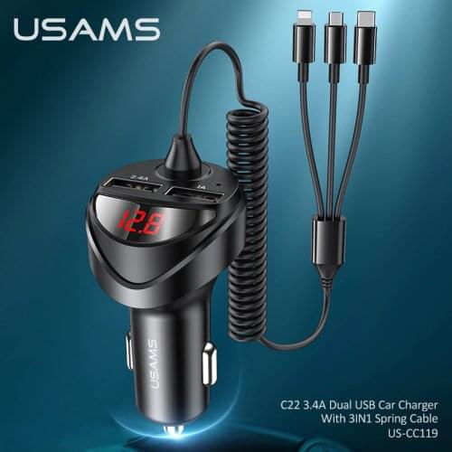 USAMS 3.4A Dual USB Car Phone Quick Charger With 3 IN 1 Usb Type C Cable LED Digital Display For iPhone Xiaomi Samsung Huawei