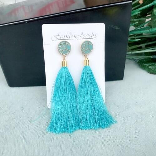 Boho Fringe Long Tassel Gold Color Enamel Geometric Earrings Jewelry Womens Hot Bohemian Silk Fabric Ethnic Tassel Drop Dangle