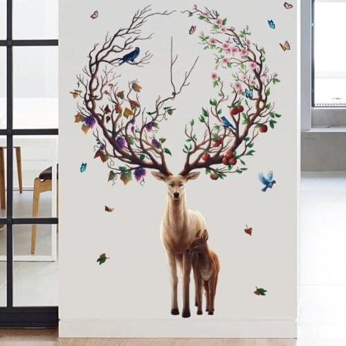 Large flower deer Living room Background Wall Sticker Home Decoration DIY bedroom Mural art Decals poster reindeer stickers