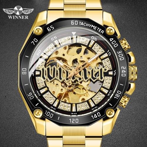 WINNER Golden Brand Waterproof Mechanical Watch Steel Strap Male Watch Fashion Gifts For Boy Relogio Masculino