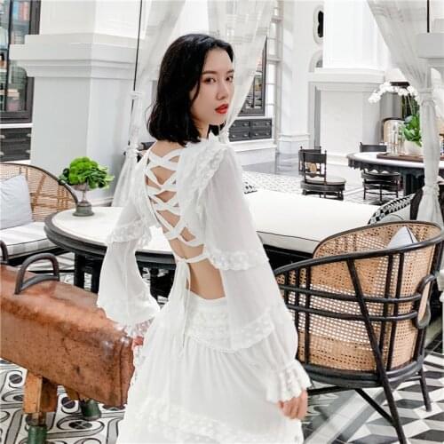 DUISNENA boho dress v-neck white chiffon lantern sleeve women dresses belt backless sexy vintage ruffled tassel robe vestidos