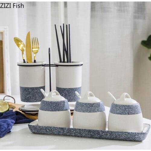 Japanese Style Ceramic Seasoning Jar Oil Bottle Chopsticks Drain Rack Household Kitchen Condiment Storage Jar Seasoning Box Set