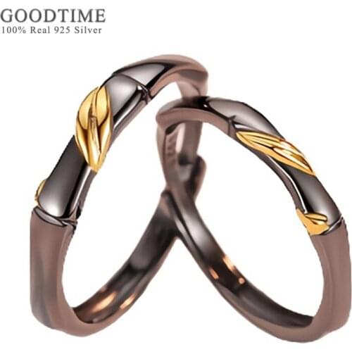 Trendy 100% 925 Sterling Silver Rings For Woman Man Couple Black Ink Bamboo And Gold Color Leaf Lovers Ring For Men Women