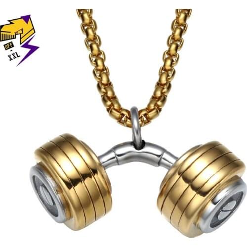 Men Stainless Steel Dumbbell Pendant Silver and Gold Color 70cm Long Chains Punk Biker Necklaces Street Fitness Gym Jewelry