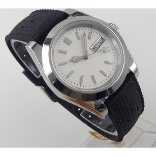 40mm Automatic Mens Watch Japanese NH36A Date Week Display Sterile Black Dial Leather Strap Polished Bezel Sapphire Glass