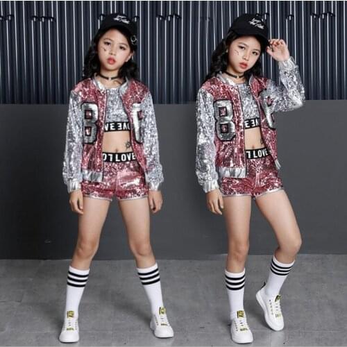 New Children Jazz Modern Dance Costume Kids Hip Hop Clothing Streetwear Sequin Hiphop Jacket T-shirt Jazz Dresses For Girls