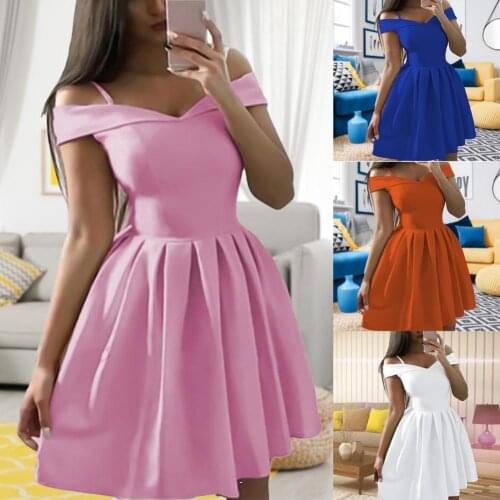Solid Color Evening Party Dress for Women Sexy Off Shoulder Pleated Mini Dress Women Ball Gown Pleated Dress Vestidos Femme