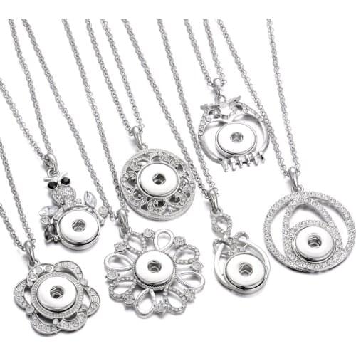 New Snap Button Jewelry Crystal Round Flower Owl 18mm Snap Pendant Necklace Fit 18mm Snaps Jewelry Bohemia Snap Chains Necklaces