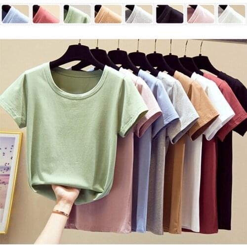 Casual 100% Cotton T-Shirt Women High Elasticity T Shirts Short Sleeve O-Neck Solid Summer Tops Tee Shirt Basic Tshirt Korean