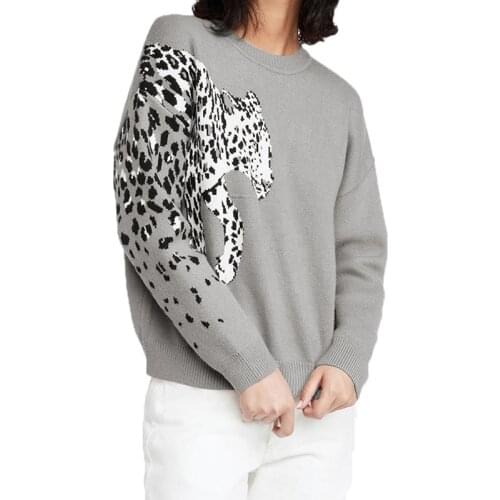Casual Sweater Womens Autumn and Winter Loose Jumper New Big Leopard Head Jacquard Womens Plus Size Knit Pullover Sweater Top