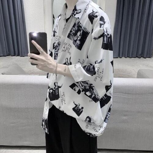 Mens Printed Loose Casual Lapel Shirt Ruffian Handsome Neutral Wind Summer Three-quarter Sleeve Shirt Trend