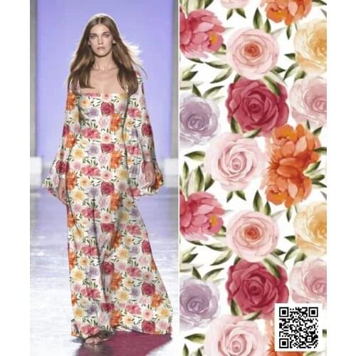 Brand New Watercolor Flower elastic Satin Chiffon Womens Clothing High Custom Printed Fabric for Dress