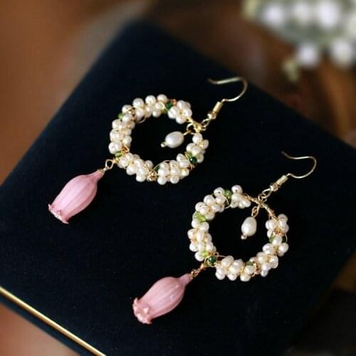 SINZRY original creative jewelry handmade natural pearl dried flower dangle earrings for women