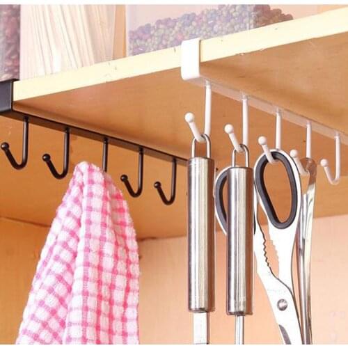 Kitchen Hanger Iron 6 Hooks Metal Under Shelf Mug Cup Cupboard Multifunction Kitchen Organiser Hanging Rack Holder Shelves