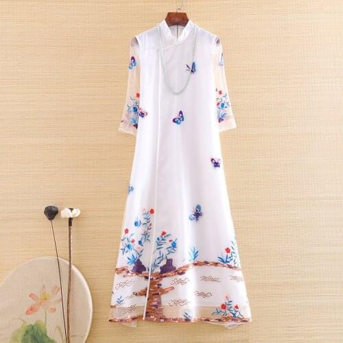 High-end Spring Organza Women Cheongsam Dress Retro Elegant Embroidery Butterfly Half Sleeve Loose Lady Party Qiapao Dress S-XXL
