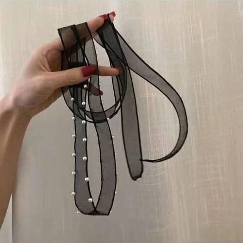 Pearl Black Gauze Long Hair Ribbon Headband Long Ribbon Ponytail Scarf Hair Tie Scrunchies Elastic Hair Bands Hair Accessories