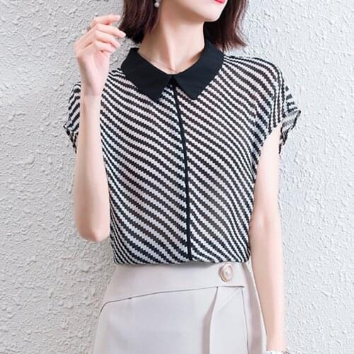 LJSXLS Camisas De Mujer Short Sleeve Elegant Shirt Women 2021 Casual Striped Blouses Office Womens Clothing Summer Plus Size Top