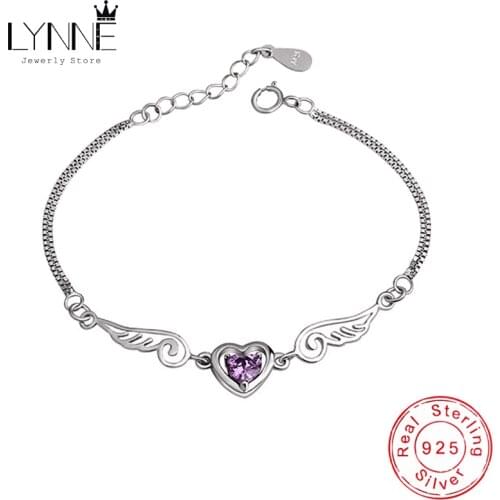 New Lovely Heart Angel Wing Zircon Bracelet 925 Sterling Silver Purple Rhinestone CZ Charm Bracelets Women Trendy Jewelry Gift