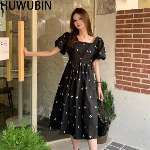 2021 Chic Fashion Flower Embroidery MIDI Dress Retro Square Neck Bubble Sleeve Elastic Slim Fit womens Large Long Dress