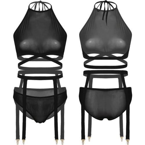 Womens See-through Mesh Lingerie Exotic Sets Transparent Hollow Underwear Halter Lace-up Backless Crop Top with Briefs Garters